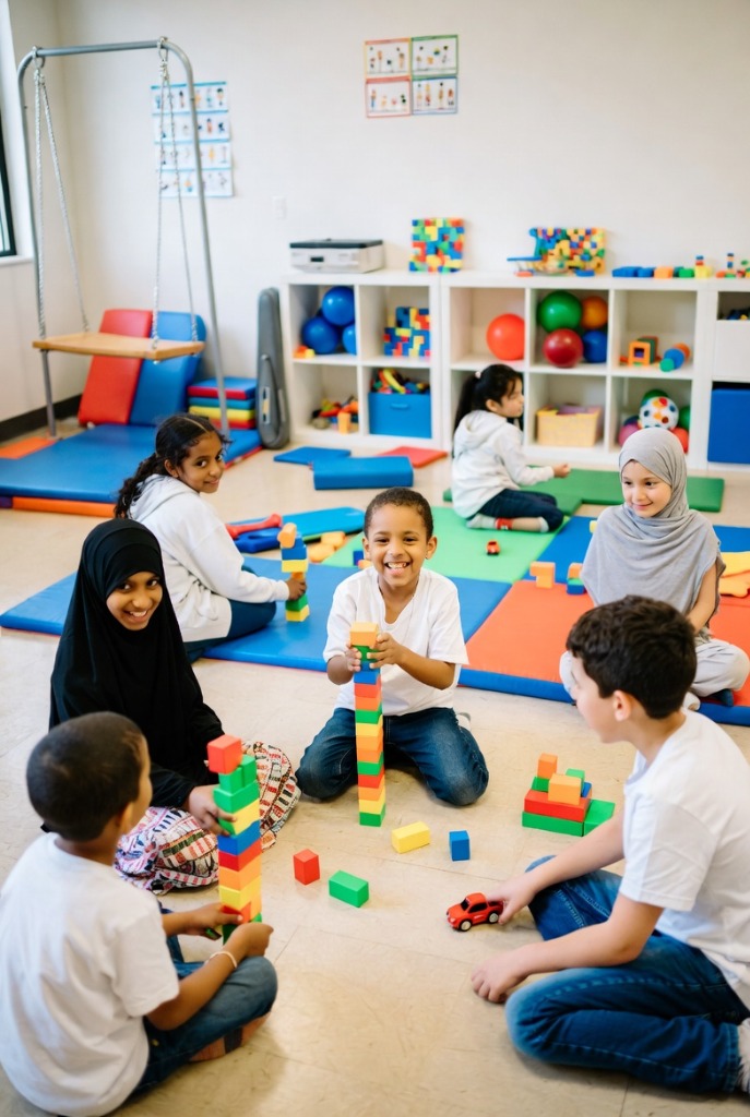 Diverse children playing with sensory toys in a therapy setting